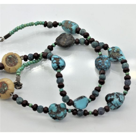 925 STERLING TURQUOISE antique,primitive, native,handmade necklace 17" 23.5 gram - Picture 6 of 10